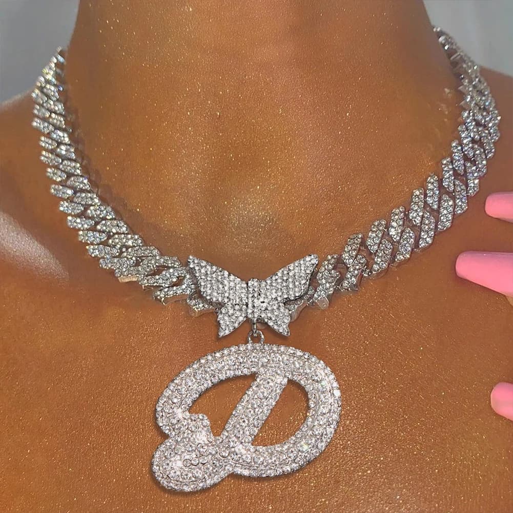 Necklace with A-Z Initial for Women, Butterfly Pendant with Cuban Chain, Jewel with Letter in Strass Color Gold and Silver