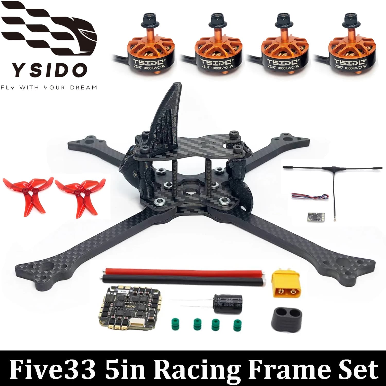 YSIDO Five33 Telaio da Corsa 5 Pollici, Motore 2507, ESC AIO F411 45A, Elica 5043, Ricevitore ELRS 915Mhz per Drone FPV RC Quadricottero Fai-da-Te