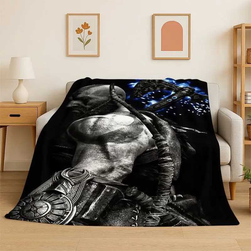 Retro God of War Game Kratos Flannel Blanket Soft Warm Throw Blanket for Bedroom Living Room Bed Travel Camping Picnic Gift