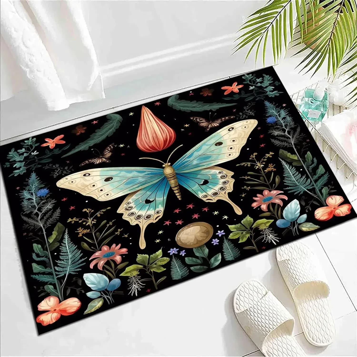 Tappeto Boho Farfalla Tappeto per fiori botanici per la camera da letto Decorazioni per la casa Zerbino stile sogno Tappetino per interni floreale con foglie rustiche