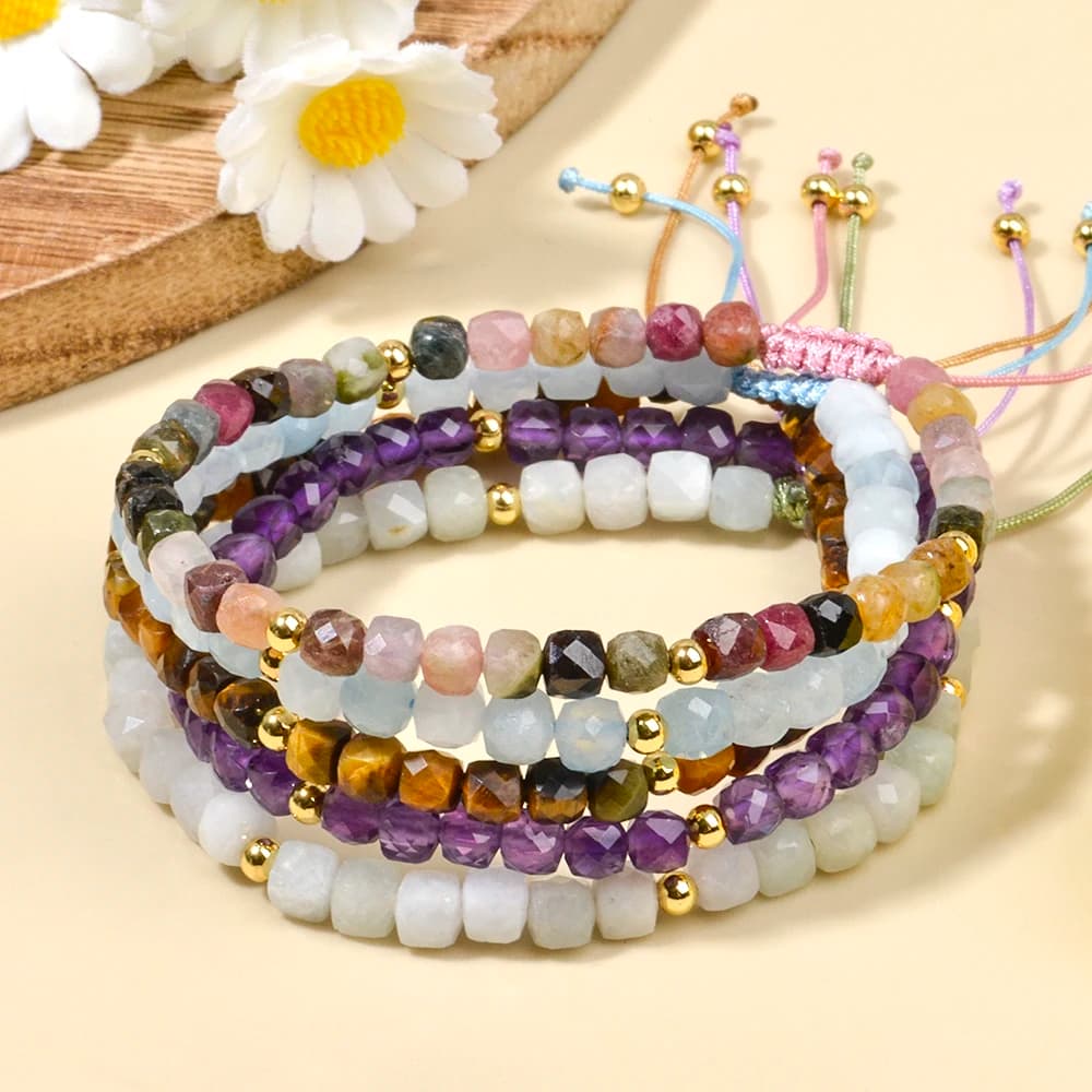 4mm Natural Stone Aquamarine Tourmaline Amethyst Faceted Cube Beads Woven Adjustable Bracelet for Women Daily Vacation Jewelry