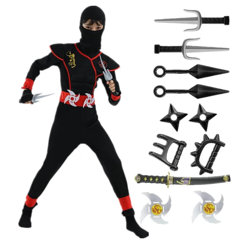 Costume da ninja per bambini, abito da ninja muscolare deluxe, costume di Halloween da guerriero nero unisex con accessori giocattolo, abito da festa