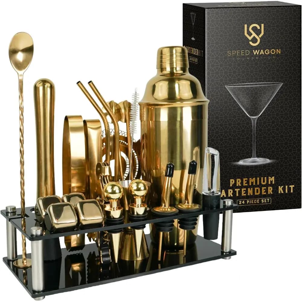 Set da Cocktail Dorato da 24 Pezzi con Supporto, Accessori per Bar Domestico Inclusi Shaker, Jigger, Muddler, Cubetti Refrigeranti