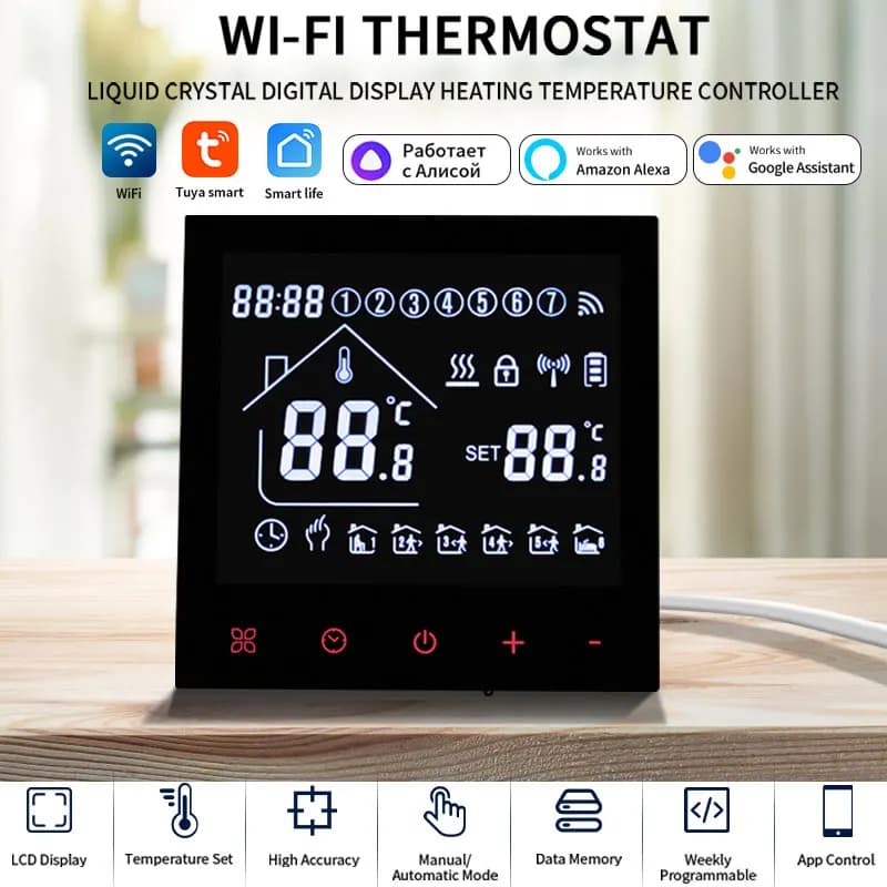Tuya WiFi Termostato Intelligente Display LCD Touch Screen Riscaldamento a Pavimento Elettrico Termostato per Caldaia ad Acqua/Gas Funziona con Alexa Alice