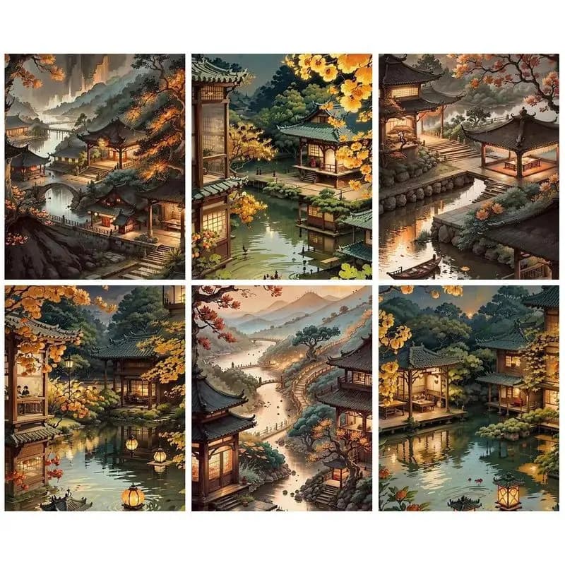 1pc frameless Diy Painting By Numbers Adults Crafts Courtyard Landsape Coloring By Numbers Acrylic Paints Diy Gift For Adults Ar