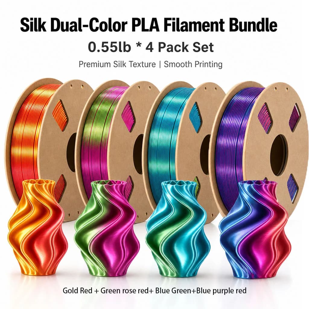 PLA 3D Printer Filament Silk Dual Color Texture 4 Rolls Combo Kit 250g Per Roll Total 1KG 1.75mm Smooth Non-Clog Wire For FDM