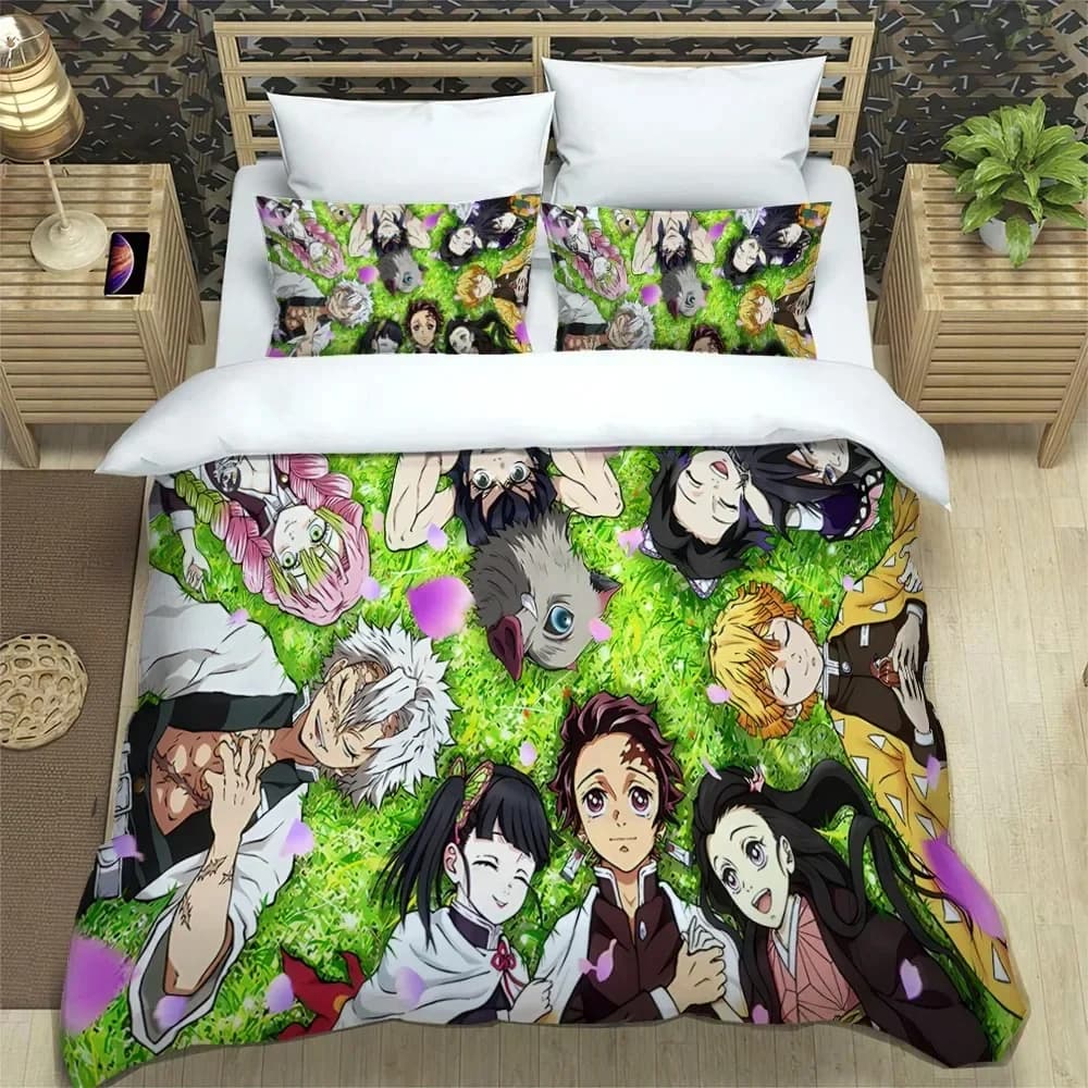 Set biancheria da letto Demon Slayer, copriletto morbido, federa, singolo/doppio, manga giapponese, set lenzuola per ragazzi e adolescenti