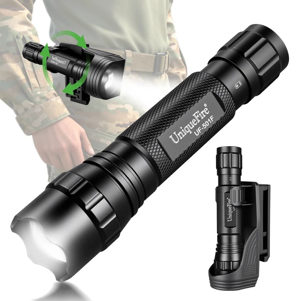 Torcia tattica UniqueFire 501F Potente torcia a LED da 2500lm con fondina da cintura Lampada EDC ricaricabile per sicurezza poliziesca 18650