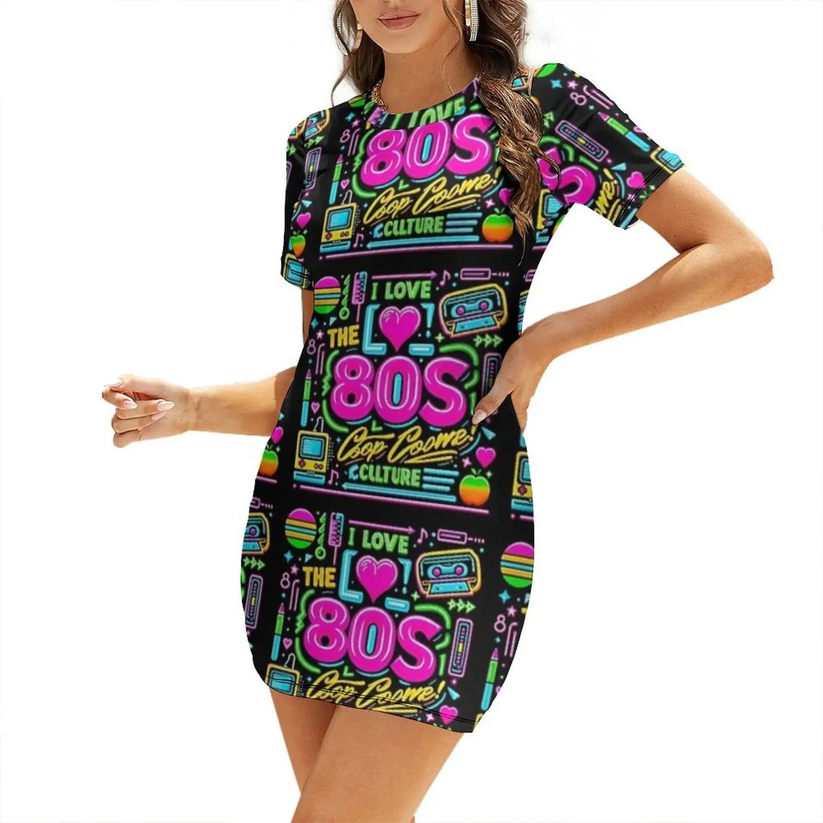 I love the 80s! Cool Neon Pop Culture Short-Sleeved Dress women's summer clothing 2026 dresses for womens 2026 Dress