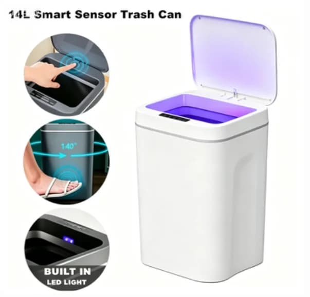 14L Smart Trash Can Automatic Touch Sensor Kitchen Bathroom Toilet Recyclable Waste Bin with Basket for Rubbish Disposal