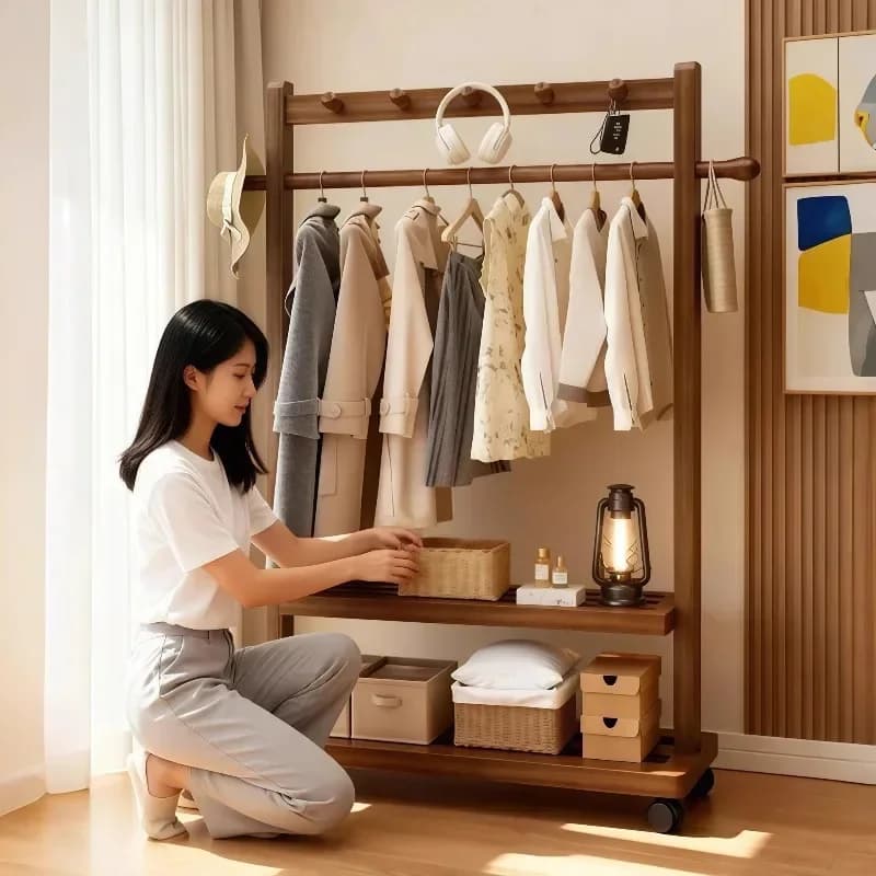 All Solid Wood Mobile Coat Rack Household Bedroom Floor Hanger Room Hanger Simple Clothes Rack