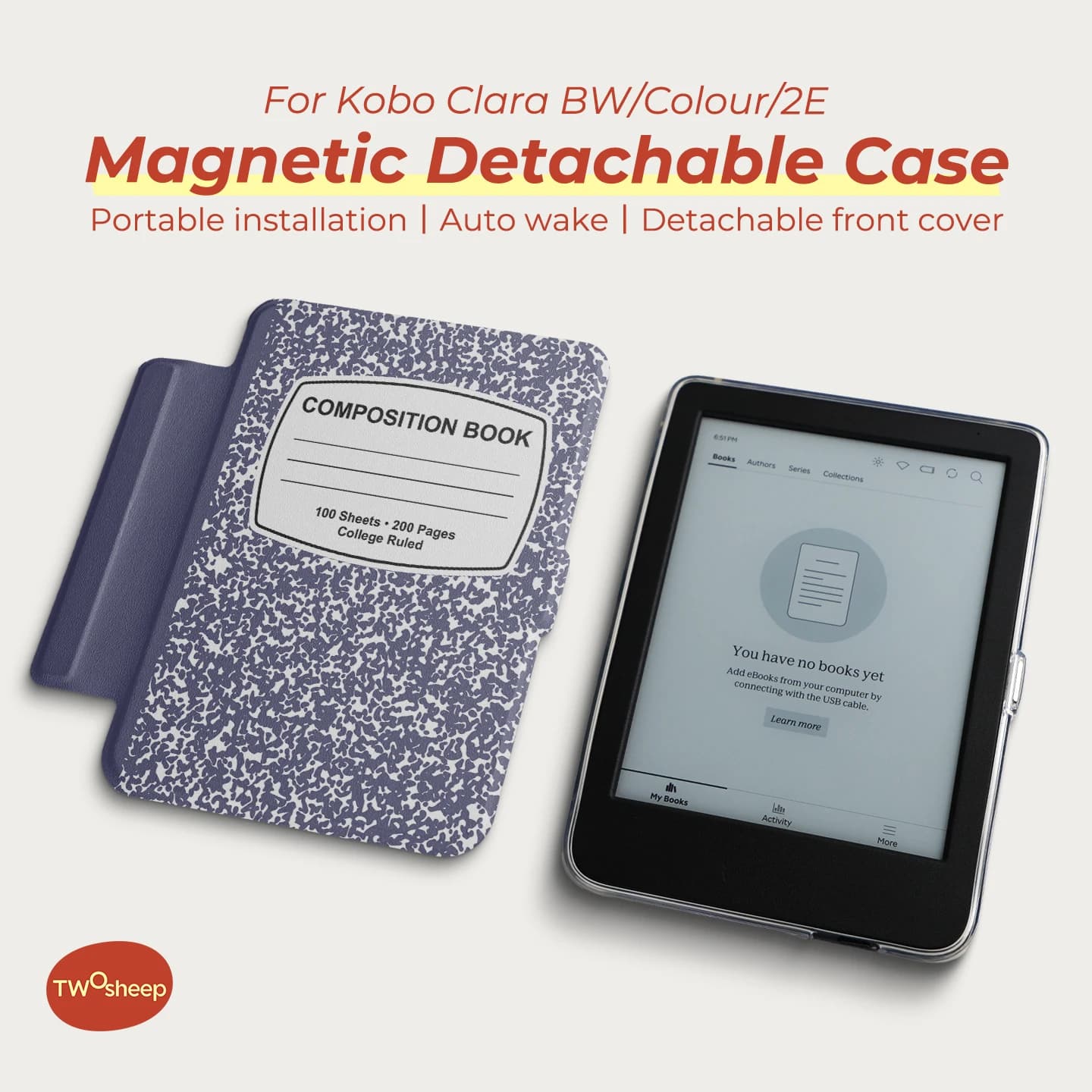 Custodia stile notebook Twosheep Composition per Kobo Clara BW / Clara Color / Clara 2E Cover magnetica trasparente da 6 pollici Auto Wake Sleep