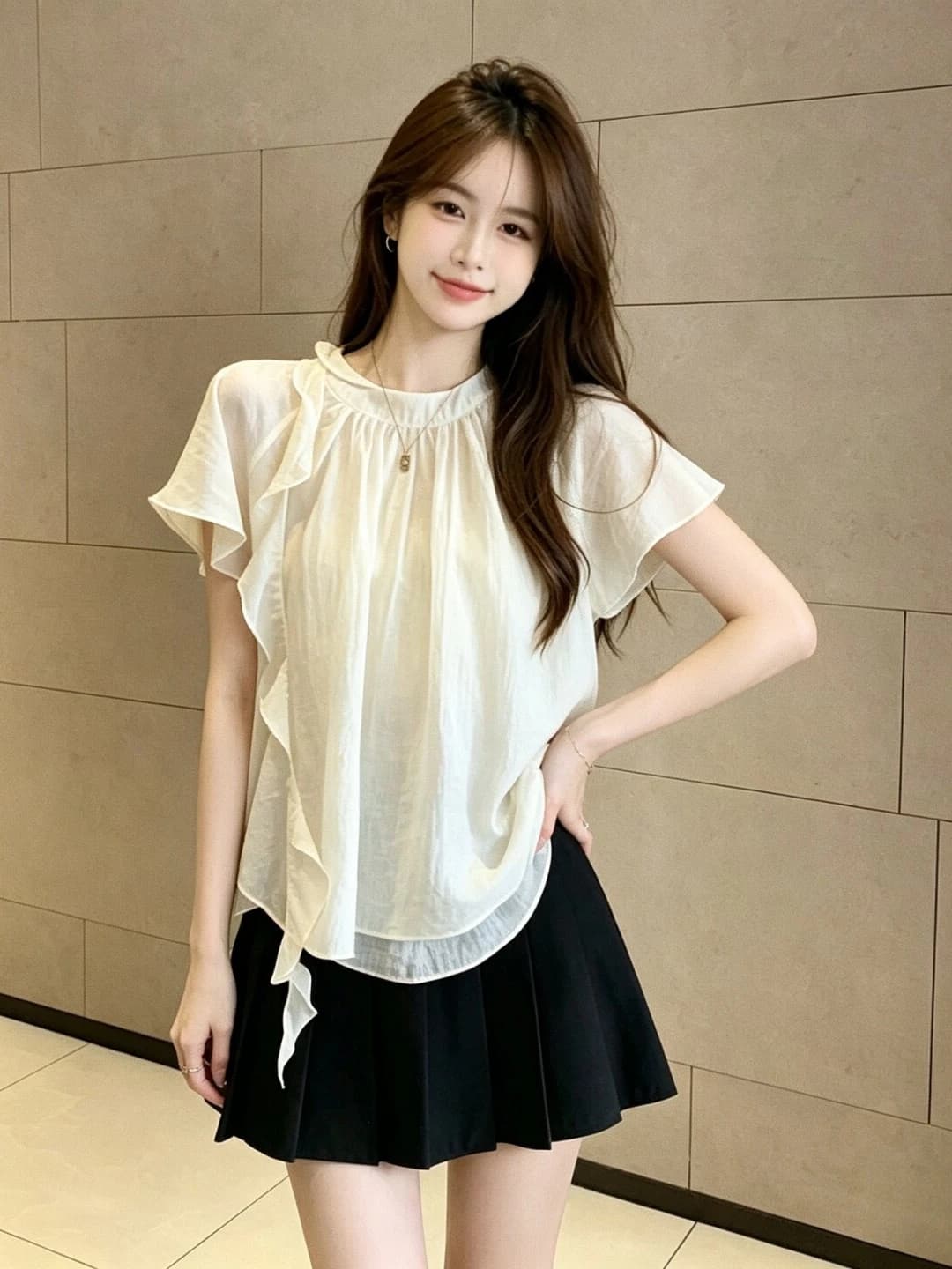 Elegant Lady's Summer Short Sleeve Shirt with Lace Hem plus Size Conceals Flatters Ages Back in Style Korean Commute Style