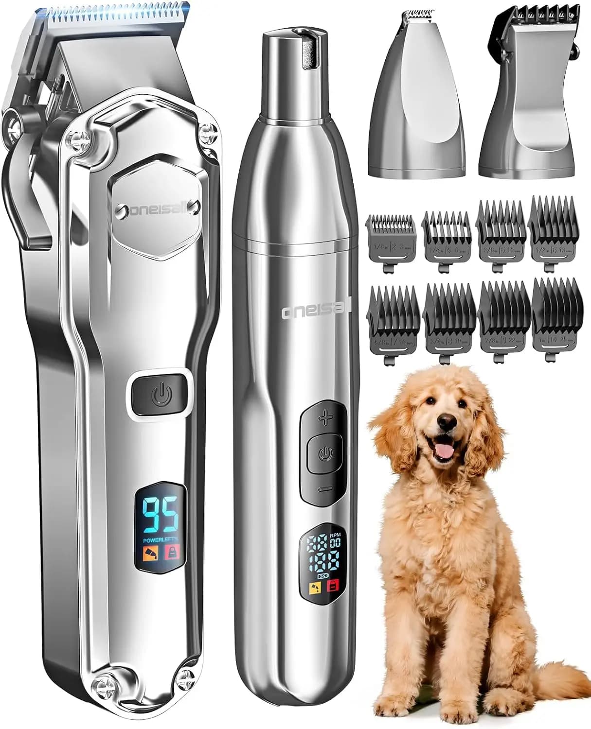 Tosatrice per Cani Senza Fili a Basso Rumore per Peli Spessi, Kit di Toelettatura 4-in-1 con Lama in Acciaio Inossidabile, Lima per Unghie per Cani e Gatti