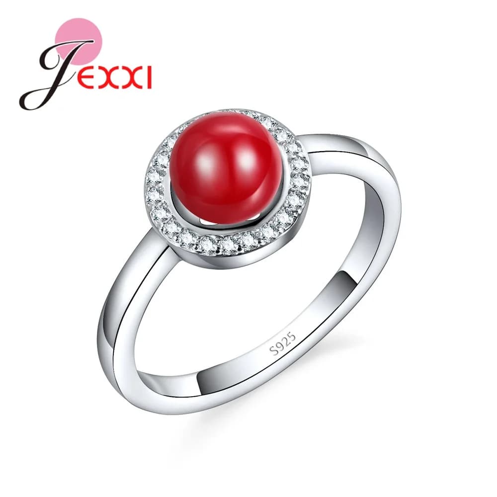 Anelli di colore in argento sterling 925 stile semplice con montatura rotonda Anello di fidanzamento da donna in cristallo austriaco CZ Anello a sfera di colore rosso