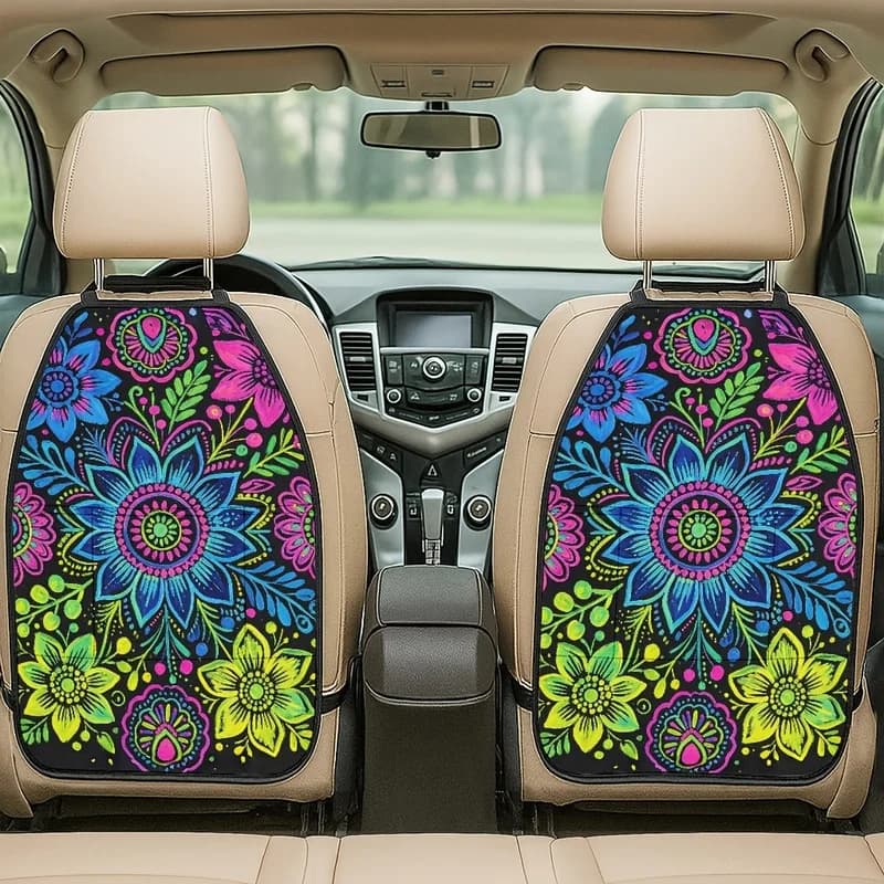 Car Seat Back Covers With Storage Pockets, Vibrant Neon Floral Mandala Print, For Car Interior Protection