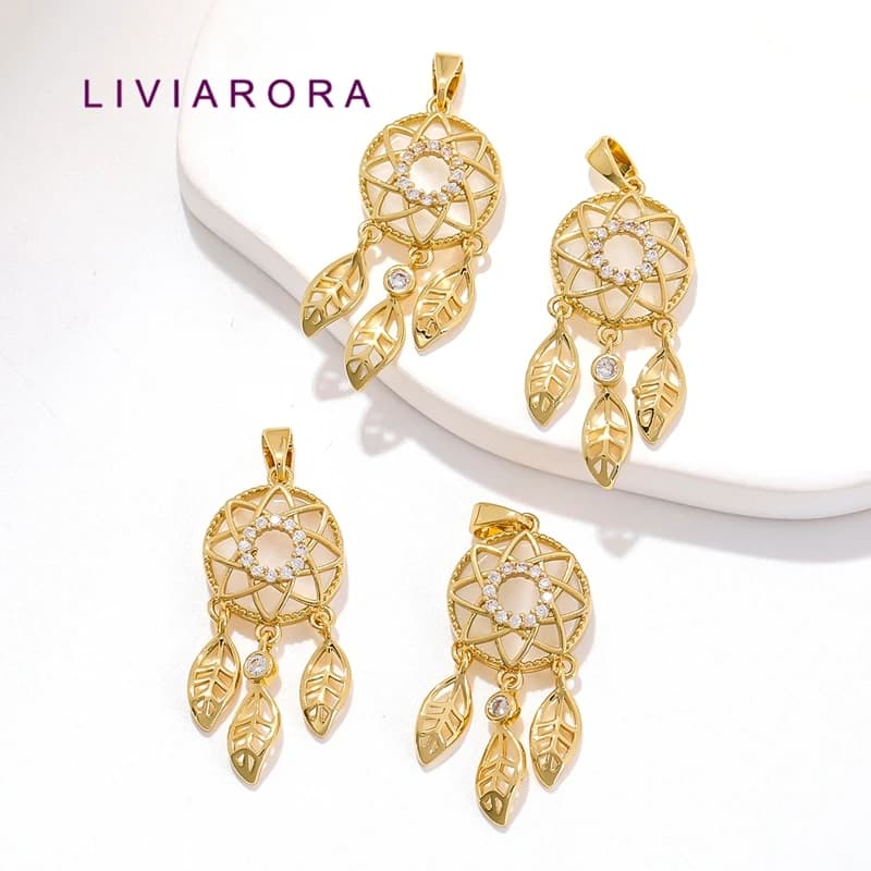 2Pcs 18K Gold Plated Brass Boho Style CZ Dream Catcher Feather Moon Star Palm Tree Heart Charms For Necklace Jewelry Making