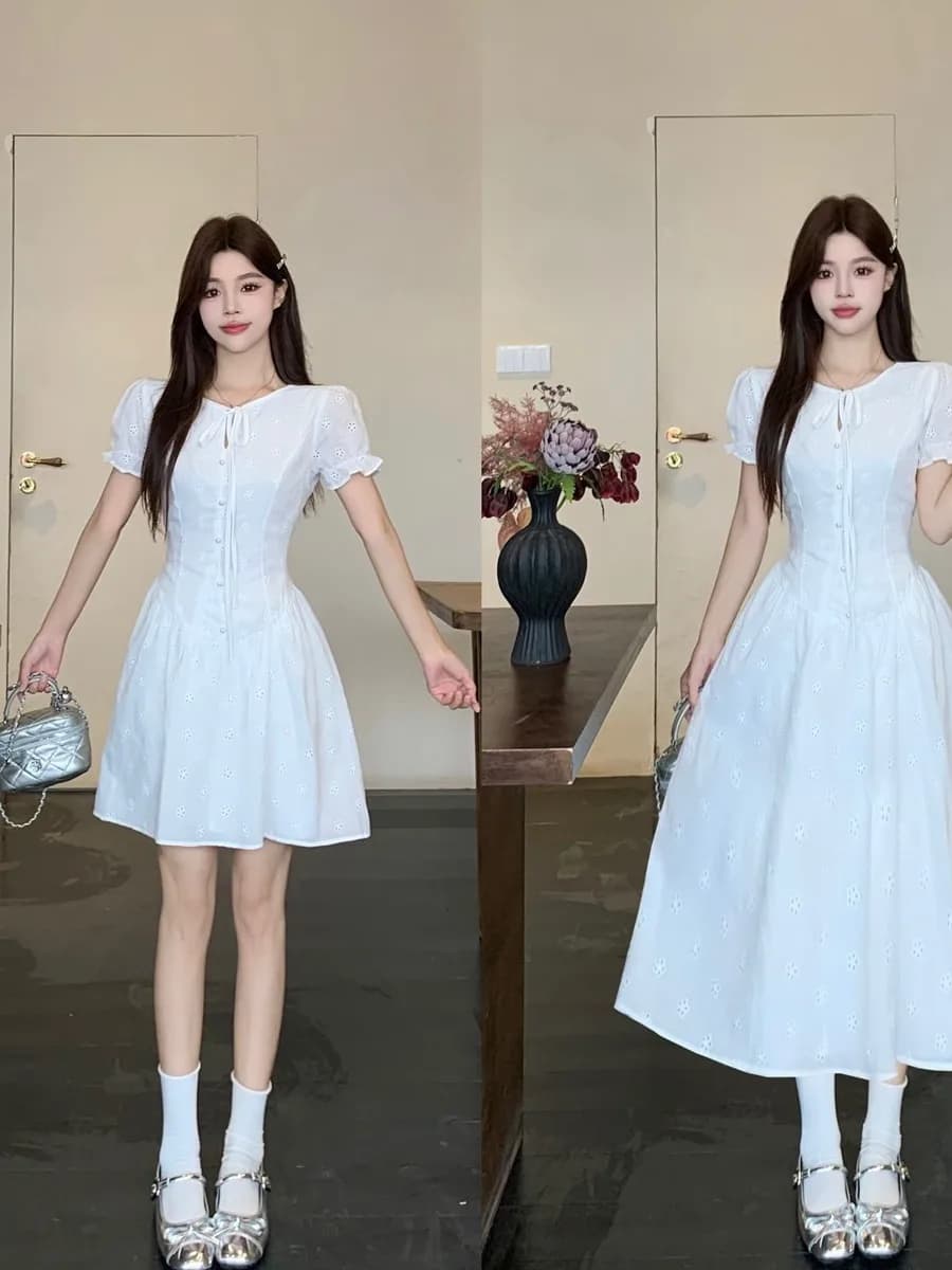 Abito Estivo da Donna con Ricami e Cintura, Maniche Corte, Nuova Versione Coreana Slim Fit a Trapezio, Gonna Corta che Modella la Vita