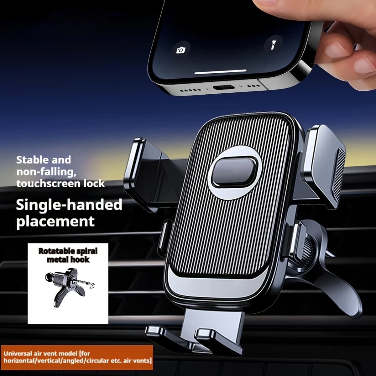 Supporto per cellulare da auto con gancio a spirale per presa d'aria, multifunzionale, con blocco automatico per navigazione in auto.