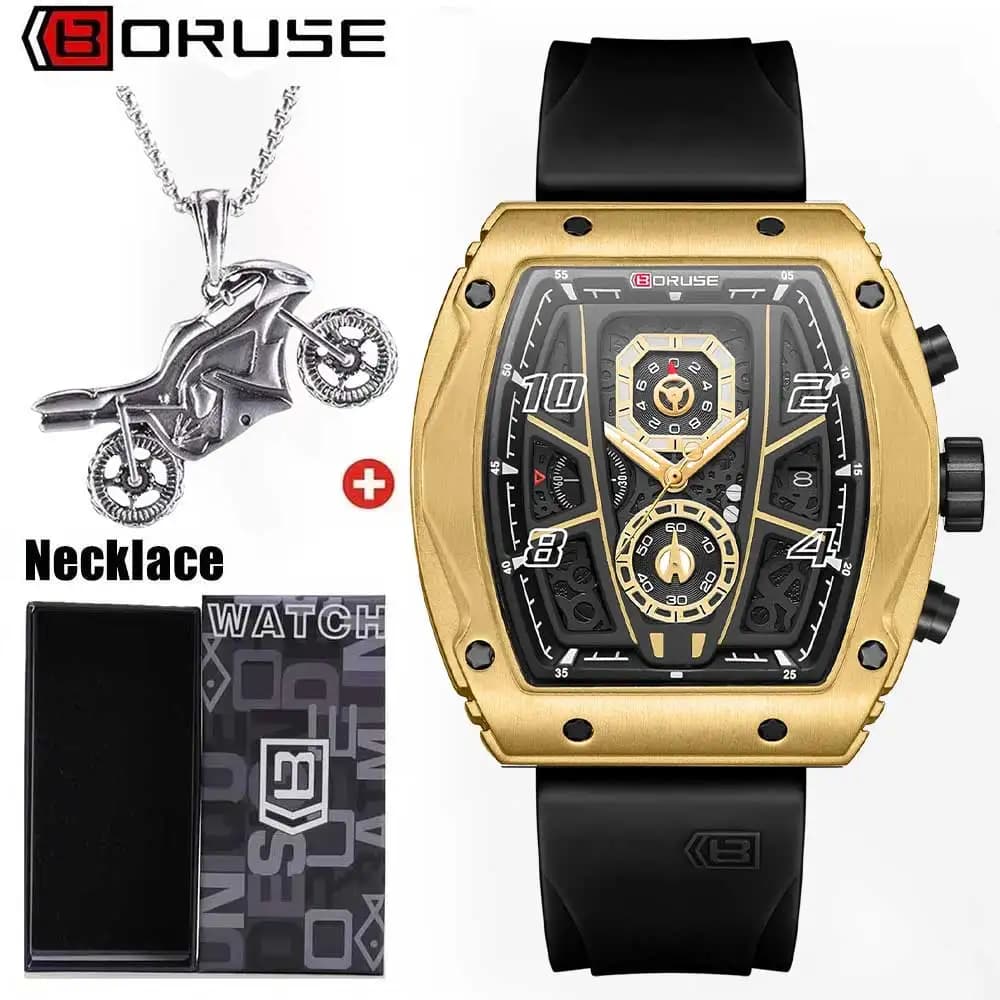 Moda BORUSE 2 pezzi/set orologio da uomo cinturino in silicone data analogico orologio da polso al quarzo da uomo collana set il regalo ideale per gli uomini