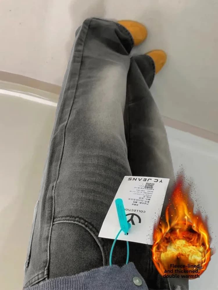 plus Size Fleece Lined Wide Leg Jeans Women's Autumn Winter New Style Floor Length Straight Cut Loose Fit Retro Jeans