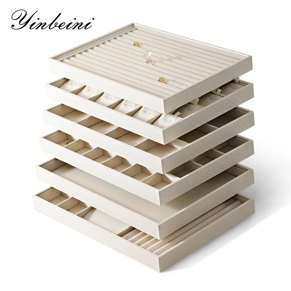 Yinbeini Linen Stackable Jewelry Tray Ring Earring Bracelet Necklace Display Plate Jewelry Storage Drawer Insert Organizer P062