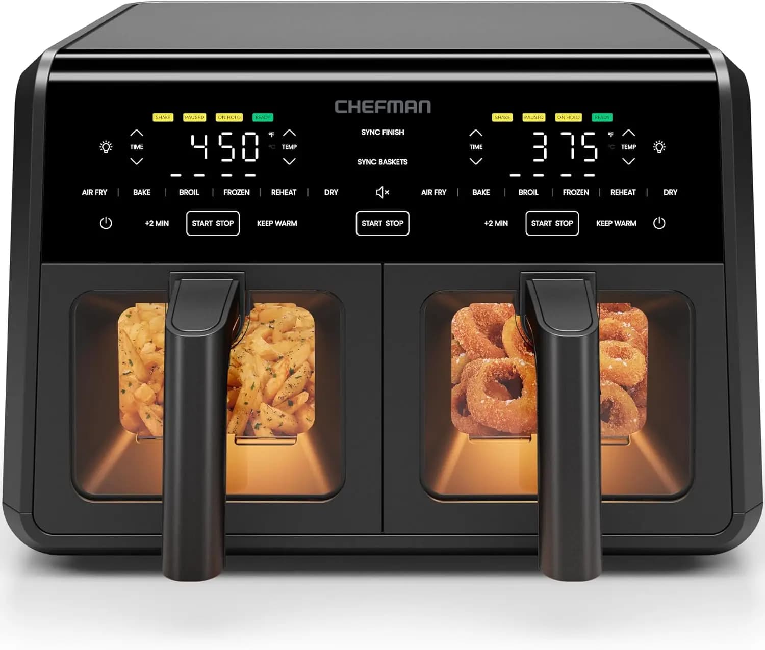 Double basket air frying oven, capacity 9 Qt with 450 functions ° Maximum temperature for crispy meals, baking, dehydration and heating - Black
