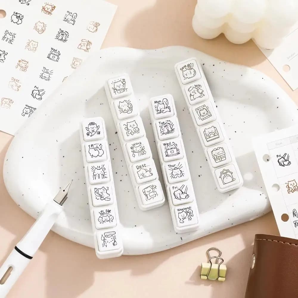 6Pcs Mini Pattern Cute Cat Stamp Black/Brown Six Seal Set Kawaii Kitten Seal Easy To Use Simple Diary Cartoon Pattern Stamps