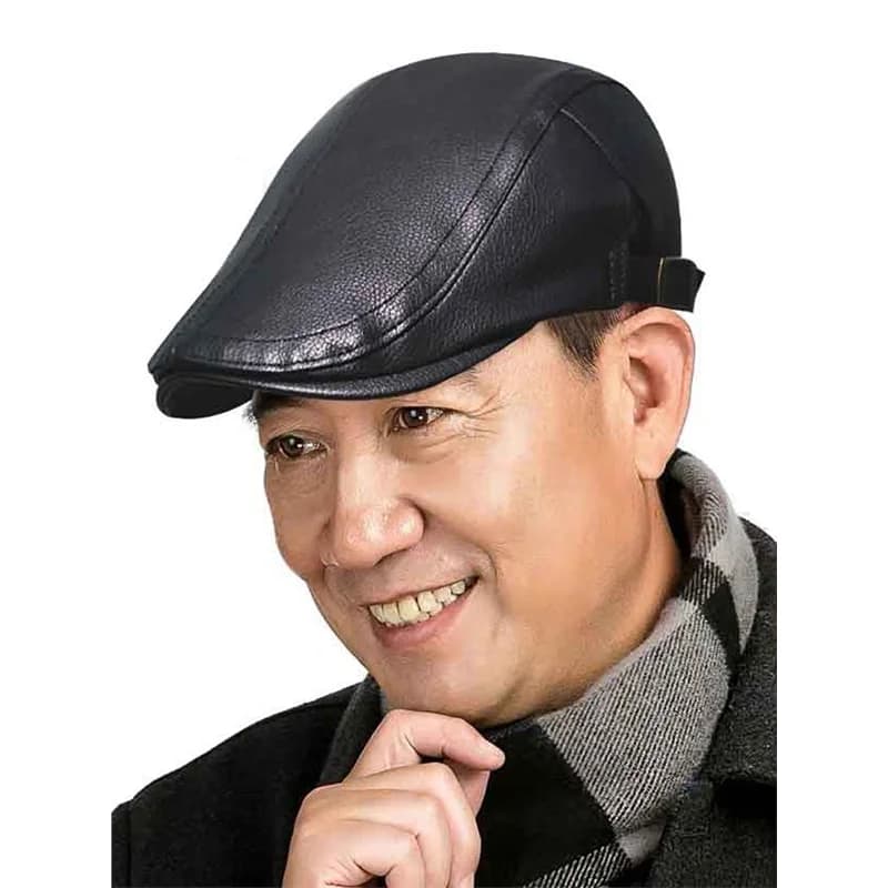 Men's Genuine Leather Beret Hat Autumn Winter Outdoor Warm Duckbill Cap Versatile Cold Proof for Middle-Aged And Elderly