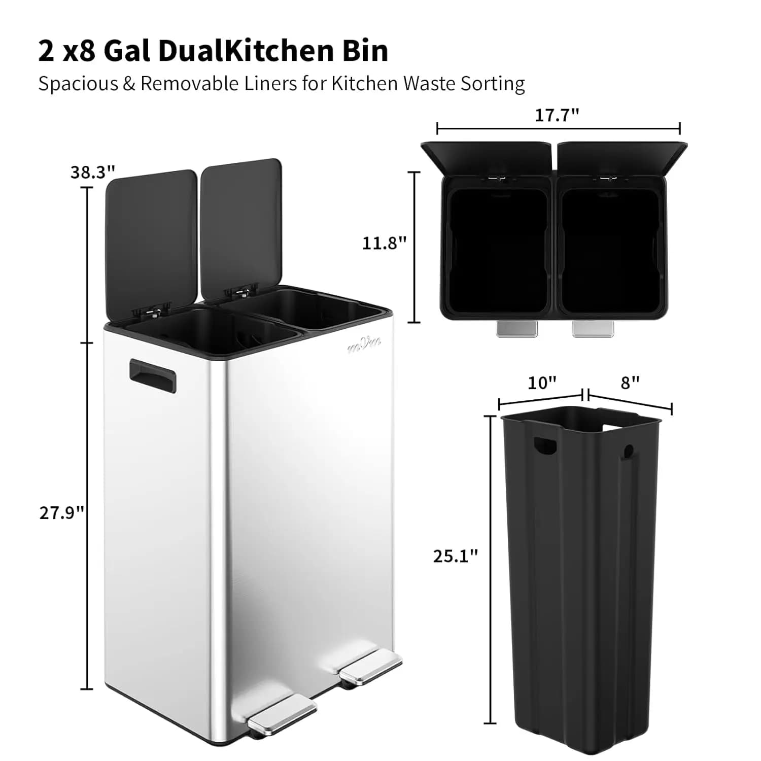 Bidone della Spazzatura da Cucina da 16 Galloni, Contenitore per Riciclaggio a Doppio Scomparto, Bidone in Acciaio Inox per Casa, Cucina, Ufficio, Personalizzabile