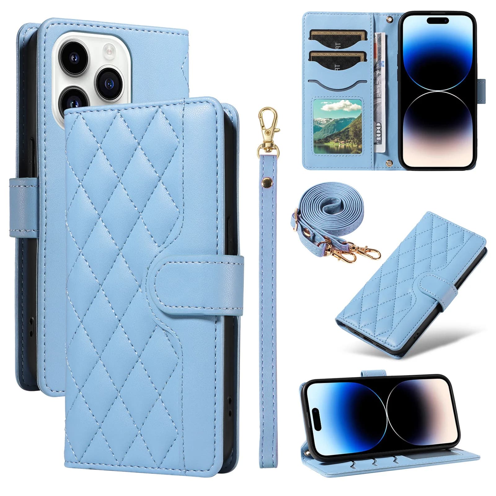 Crossbody Checkered Leather Wallet Case For Xiaomi Poco X8 Pro Max X7 X6 X5 X3 NFC Multi 3 Cards Slot Lanyard Wrist Flip Cover