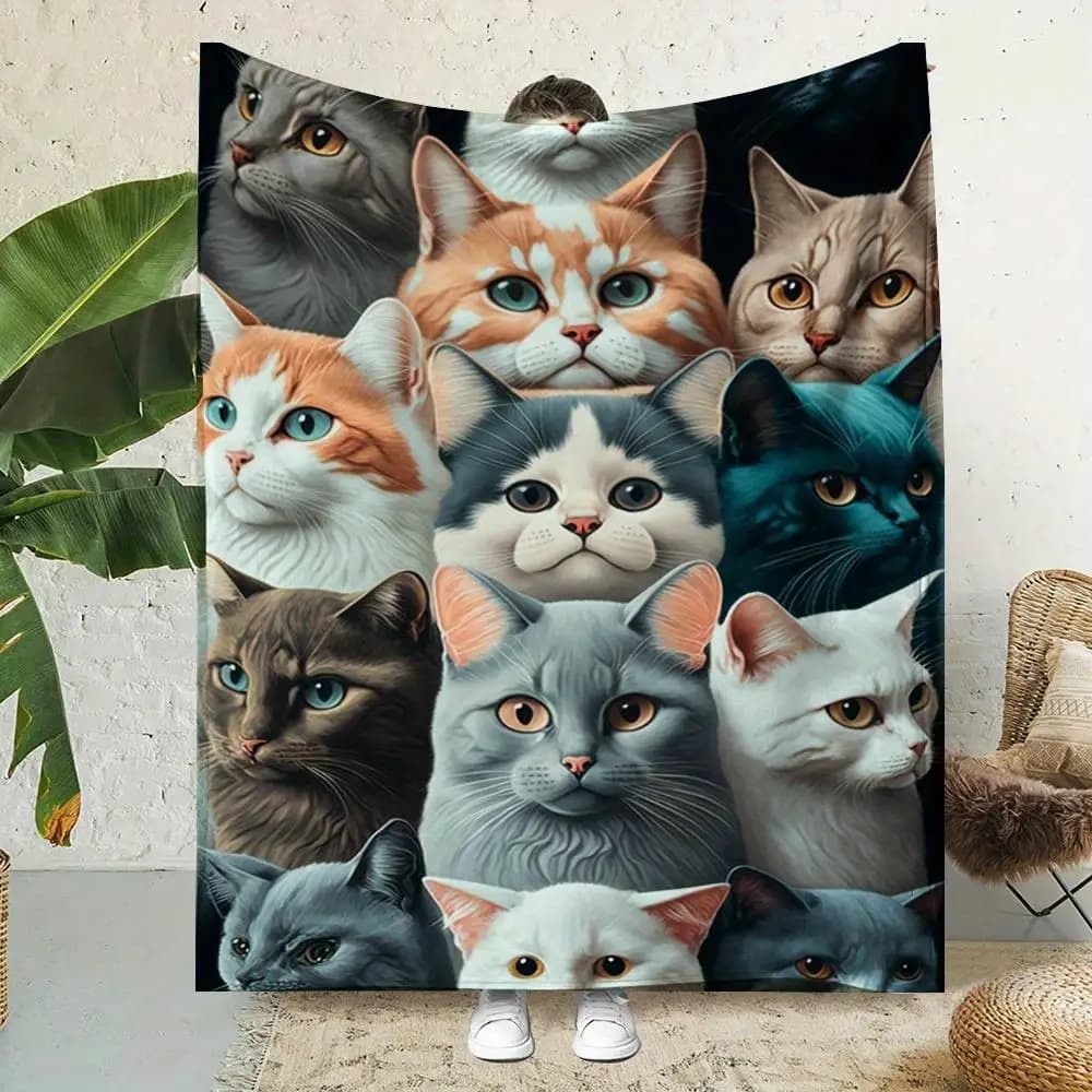 Cute cartoon cat face pattern Flannel printed blanket suitable for all seasons suitable for living room office sofa and travel