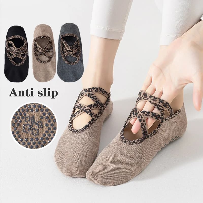 Leopard Patterns cross straps Grip yoga Pilates socks for wemen anti-slip Hollowed-out breathable Gym fitness Floor Aerobics