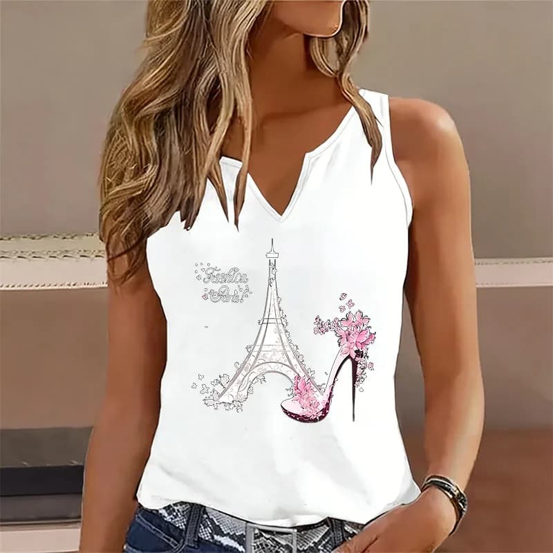 Canotta Y2K Senza Maniche con Scollo a V, Stile Casual Vintage, Stampa Torre Eiffel, Maglietta Donna