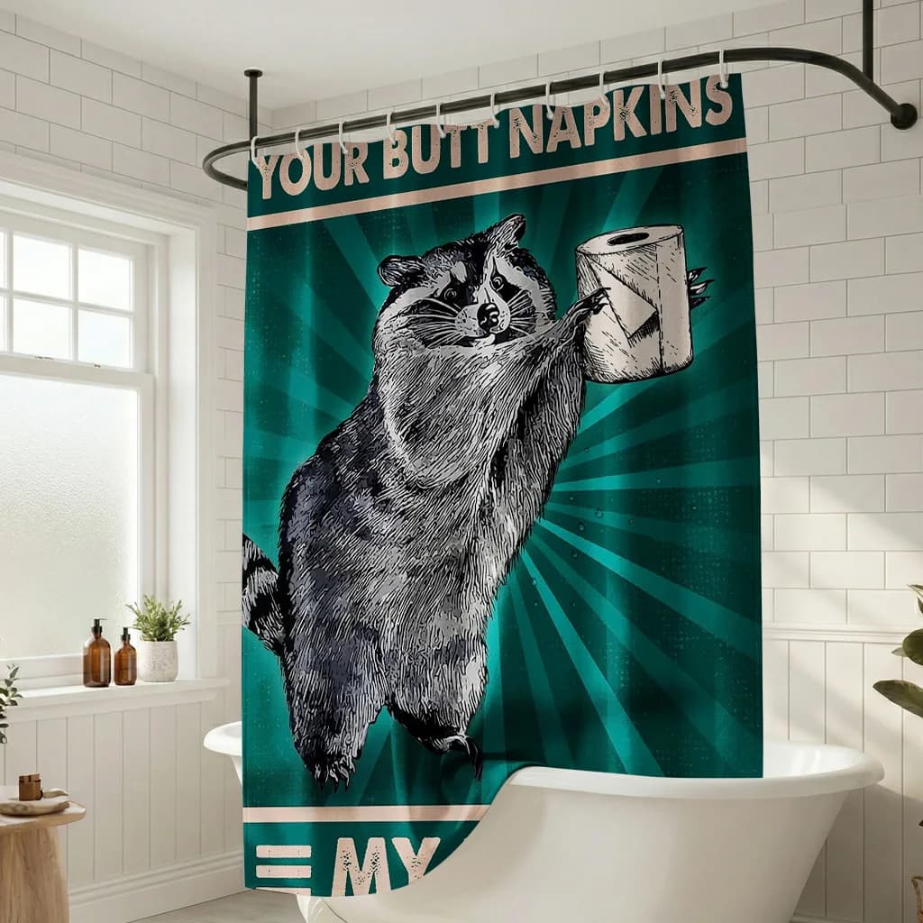 Divertente Tenda da Doccia con Procione - Stampa Artistica Creativa con Citazione 'Your Butt Napkins' - Tenda da Bagno Estetica per Interni e Arredo Casa