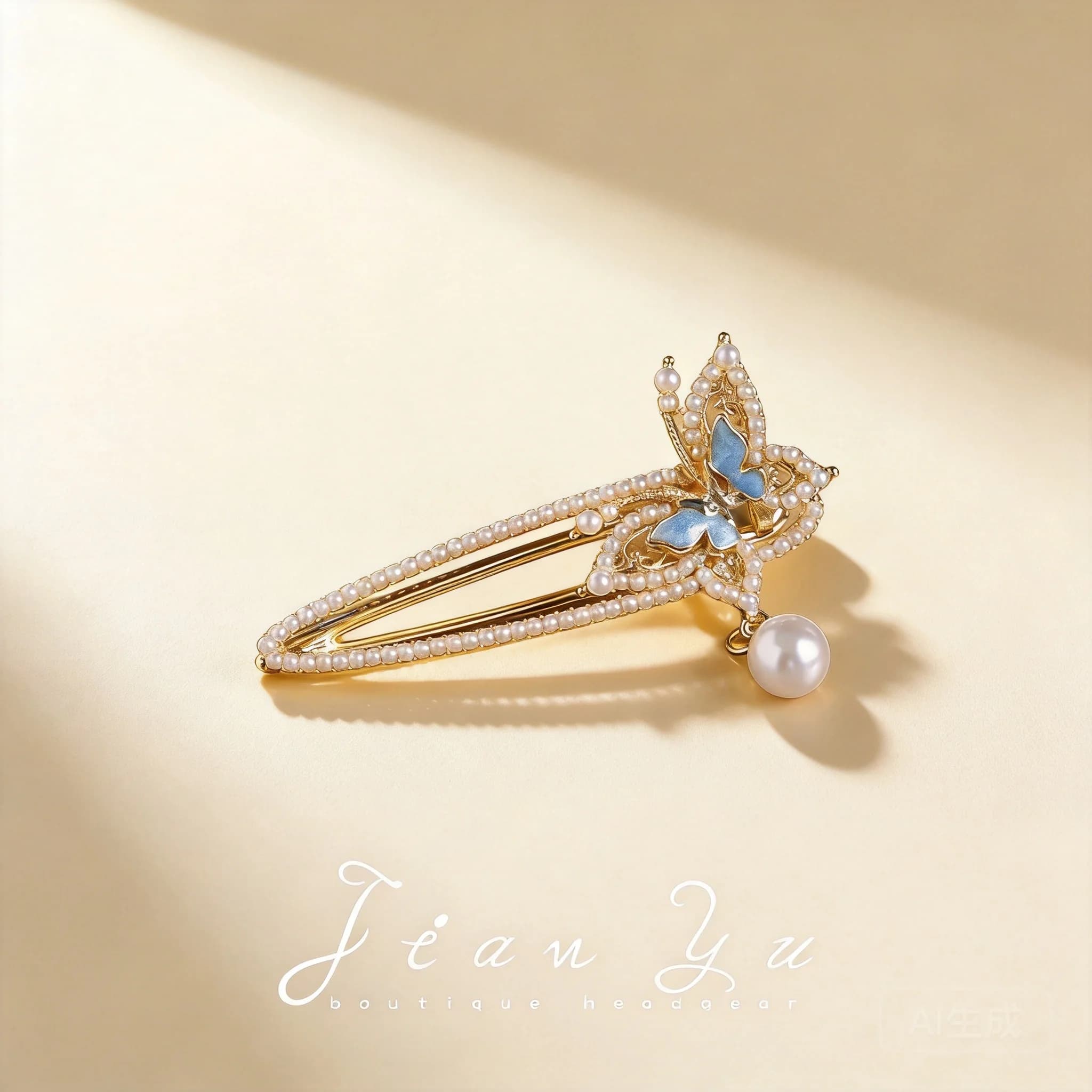 Chinese Style Auspicious Lucky Blue Butterfly Hair Clip Faux Pearl Pendant Elegant Delicate Side Bangs Hairpin Women Vintage Cha
