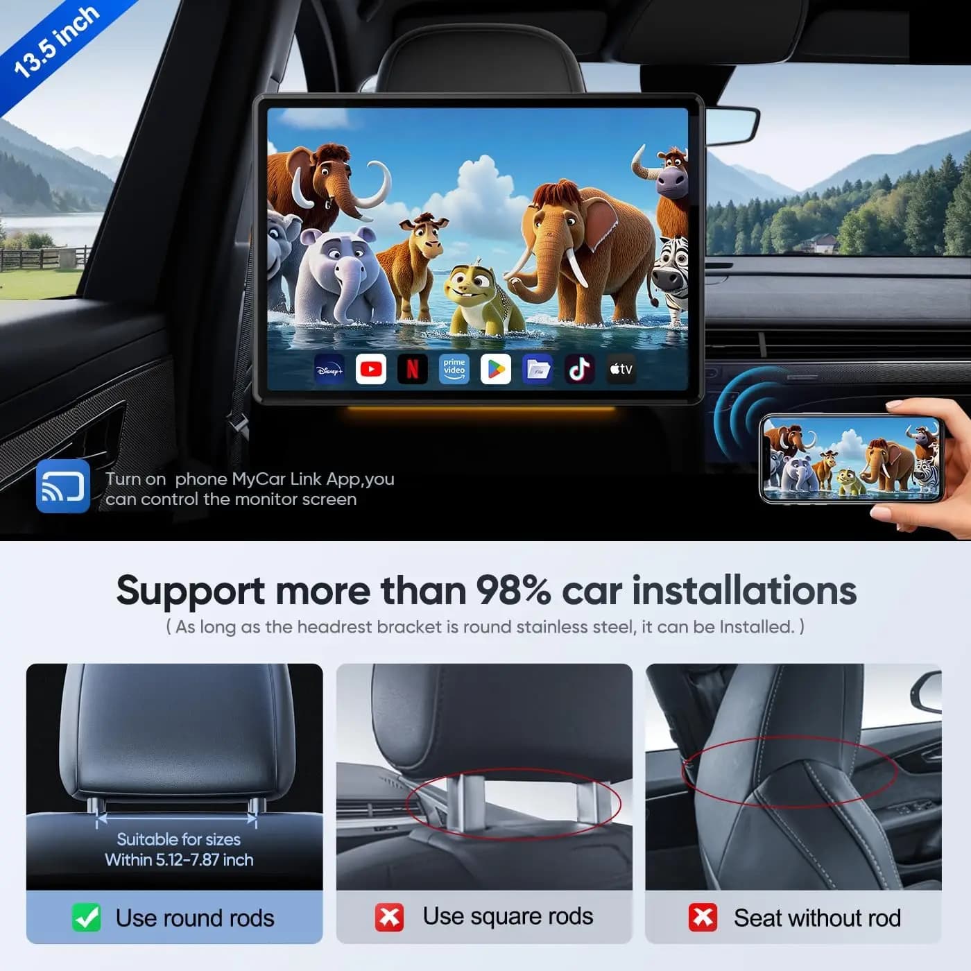 13.5 inch Car Headrest Monitor Tablet PC 8 Cores Android 14 HD 1080P WIFI/Bluetooth/HDMI/FM/Mirror Link/Miracas 2G+32GB ROM
