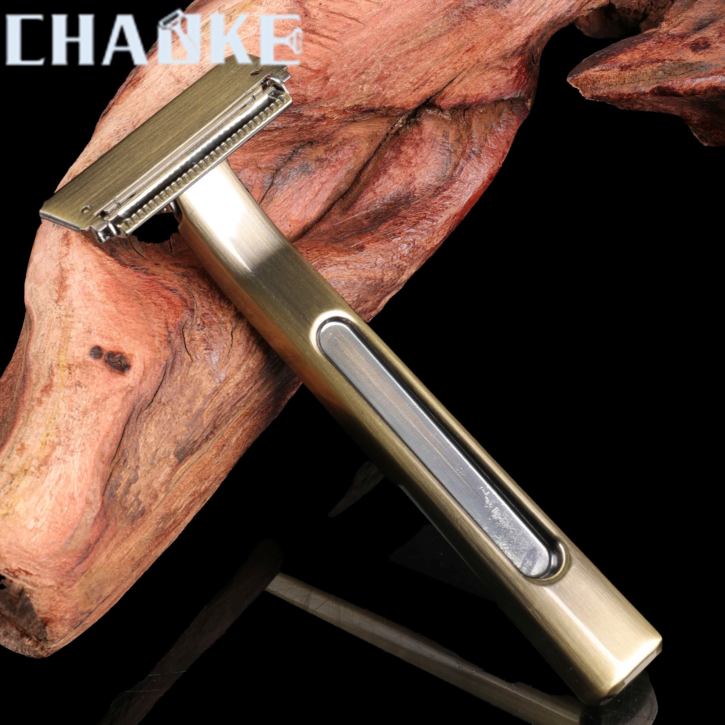 Rasoio Manuale Chaoke Vintage, Rasoio a Mano Libera con Supporto, Rasoio da Barba da Uomo a Doppia Lama in Bronzo