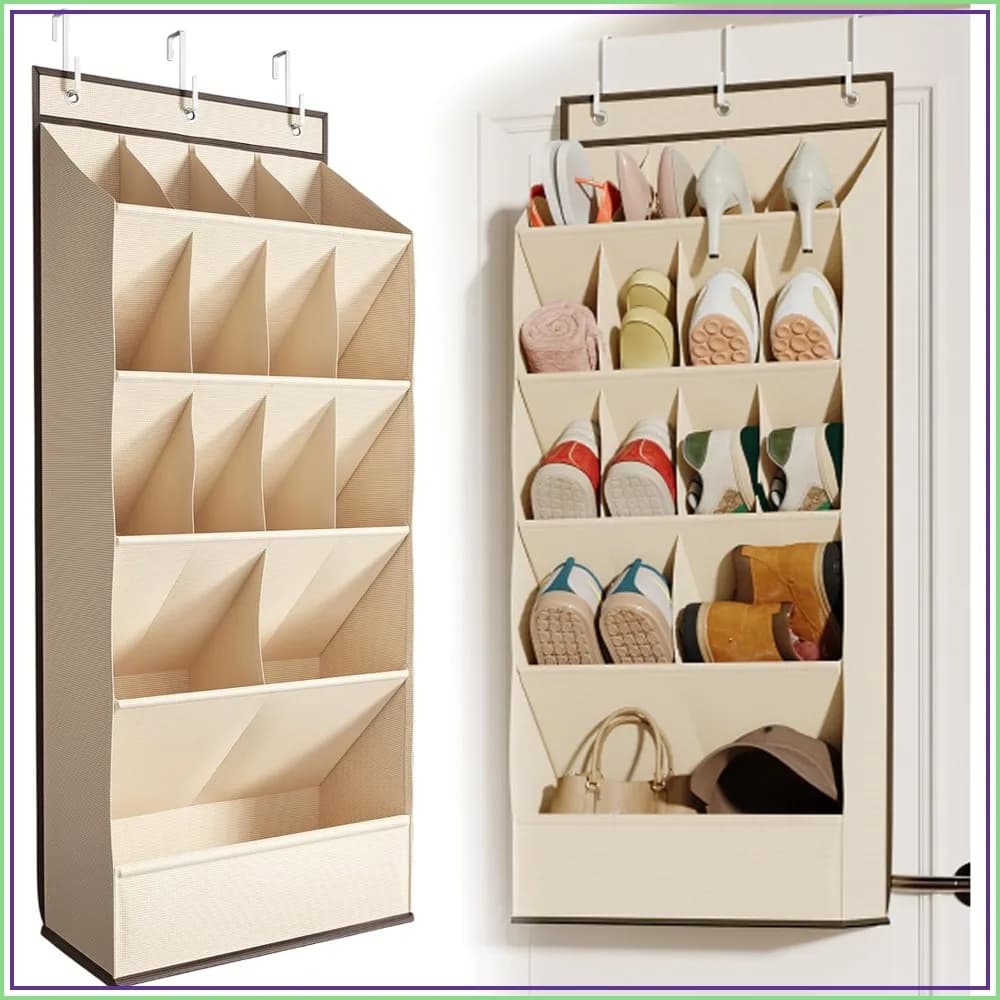 Over the Door Shoe Rack for Closet Fit 18+ Pairs, Door Shoe Organizer with Large Breathable Pockets, Hanging Shoes Rack Fit Boots, Behind the Door Shoe Holder for Categorized Storage, Beige