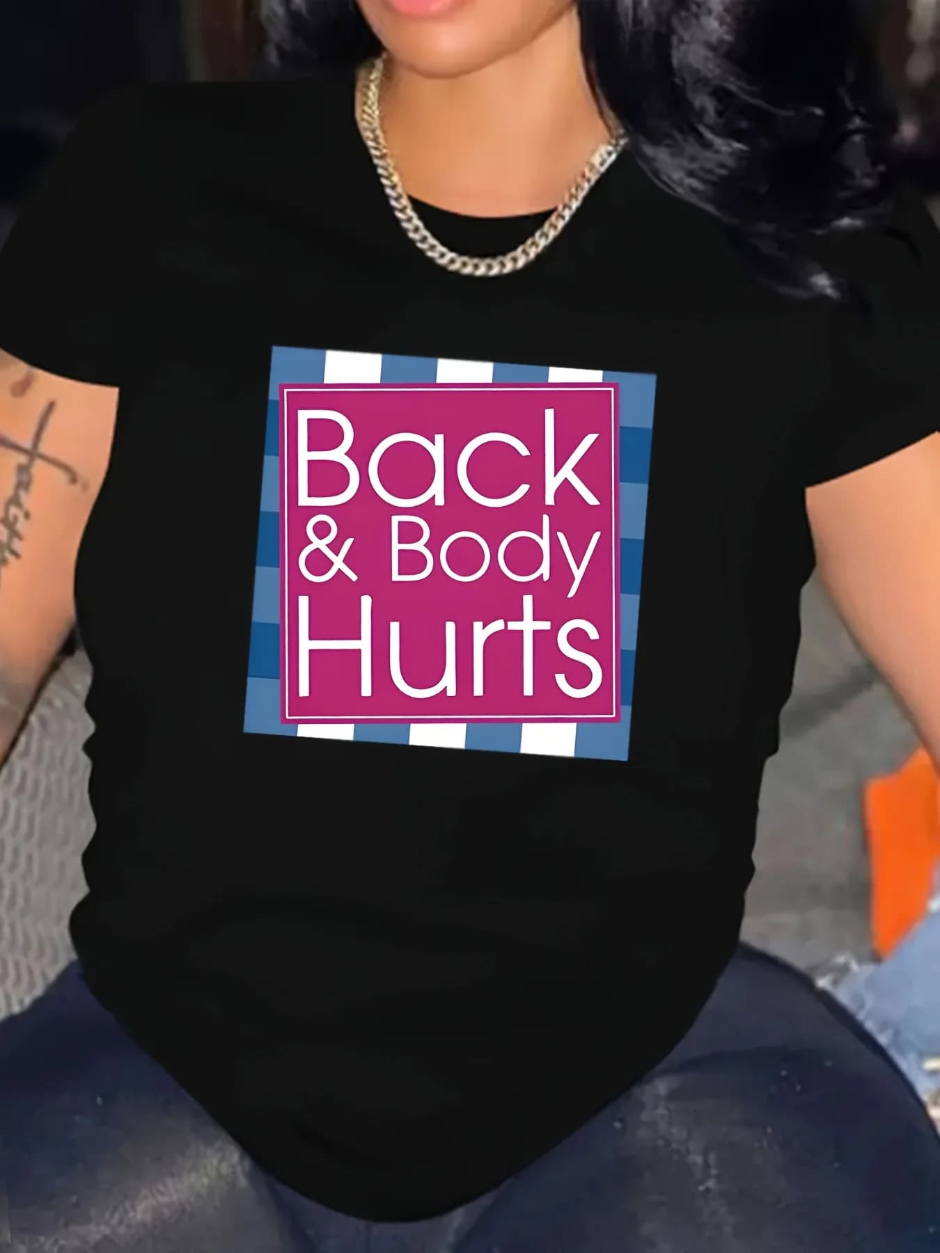 Casual T-Shirt Fabric Crew Neck Sleeve with "Back & Body Hurts" Letter Harajuku Sleeve Casual Clothing Street Aesthetic Clothes