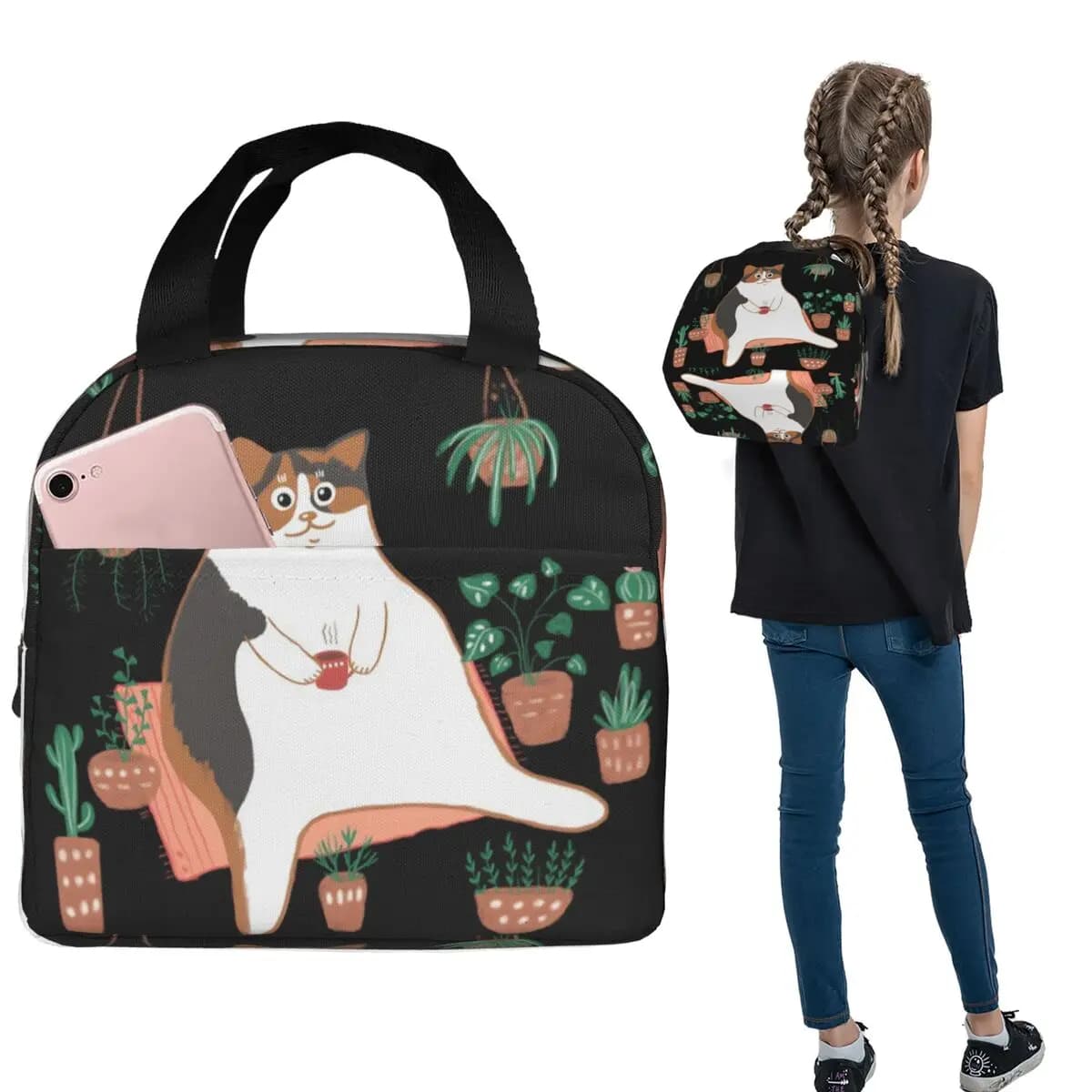 Borsa termica per il pranzo con motivo gatto calico e piante in vaso, per mamma, donna, bambini, contenitore termico a tenuta stagna per alimenti