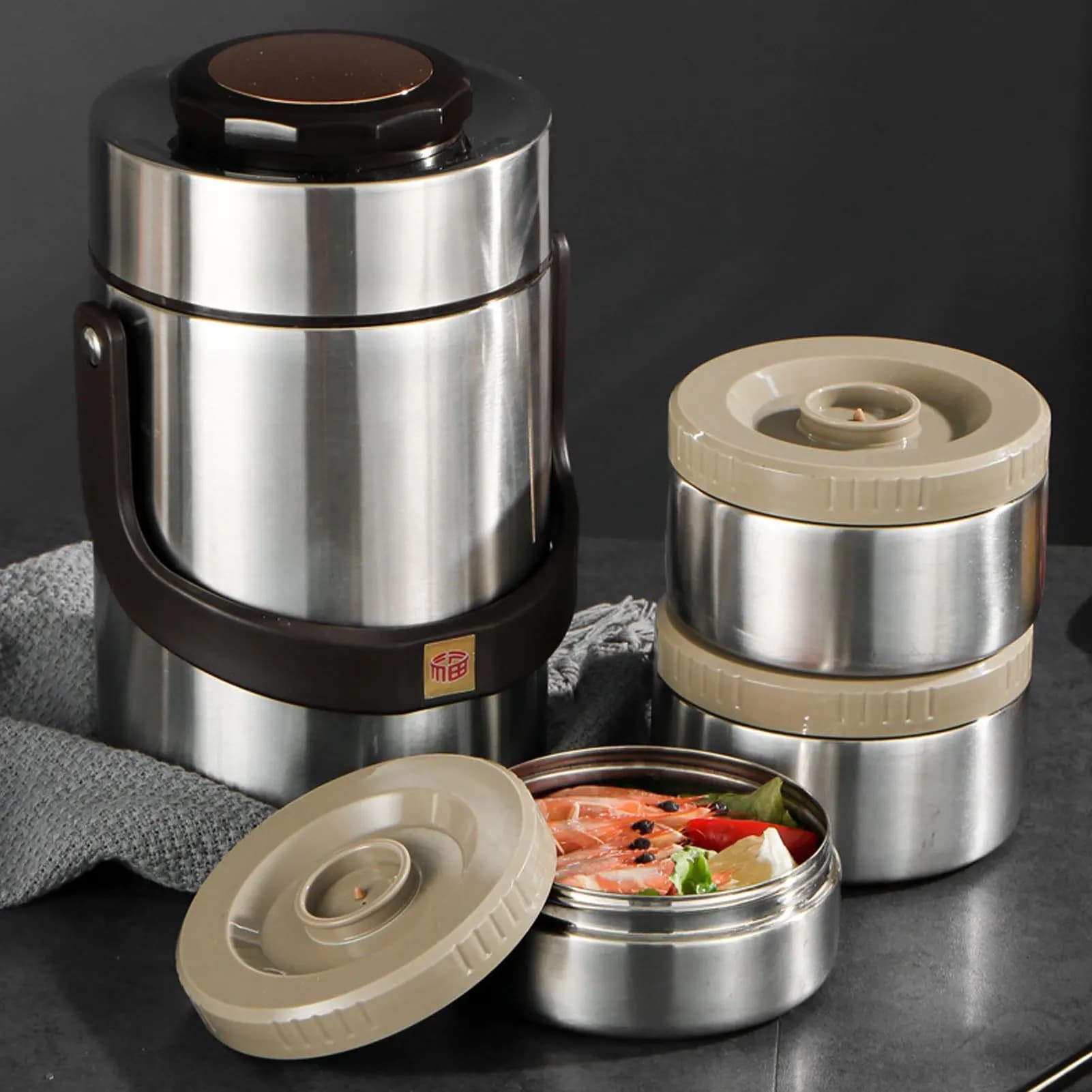 Set di Contenitori per Pranzo in Acciaio Inox, 1 Set Include 3 Contenitori e 1 Barattolo, Contenitore Portatile Ermetico per Alimenti