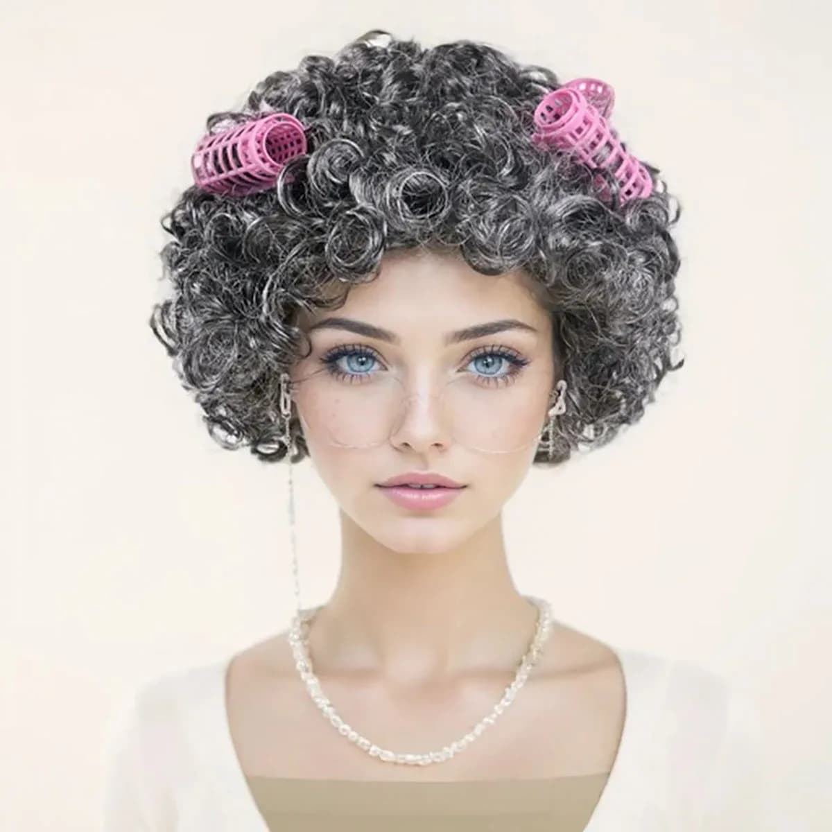 Synthetic Old Lady Silver Grey Wig Set Granny Wigs with Hair Rollers,Glasses,Eyeglass Chain,Pearl Necklace Daily Party Cosplay
