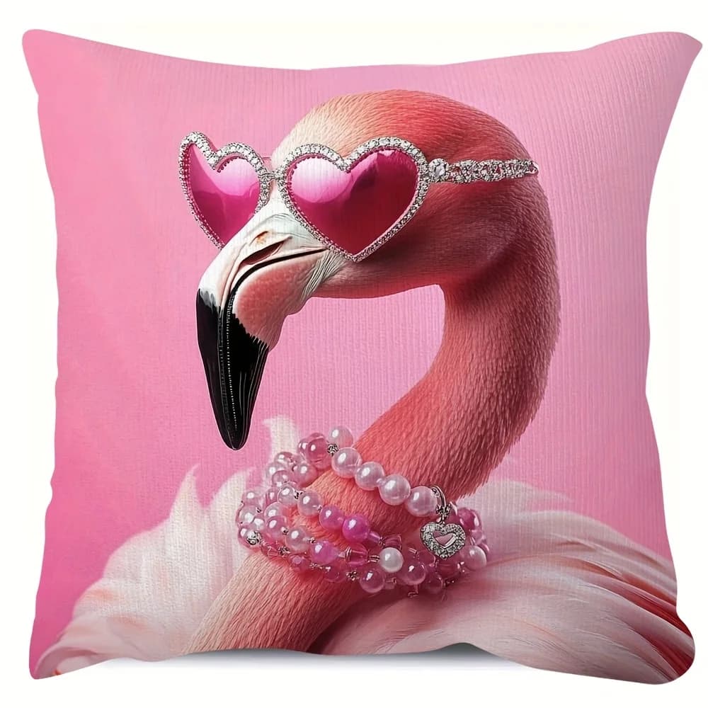 Double Sided Retro Pink Flamingo with Heart Glasses Design Soft Throw Pillow Cover for Bed Sofa and Lounge Chair Home Decoration