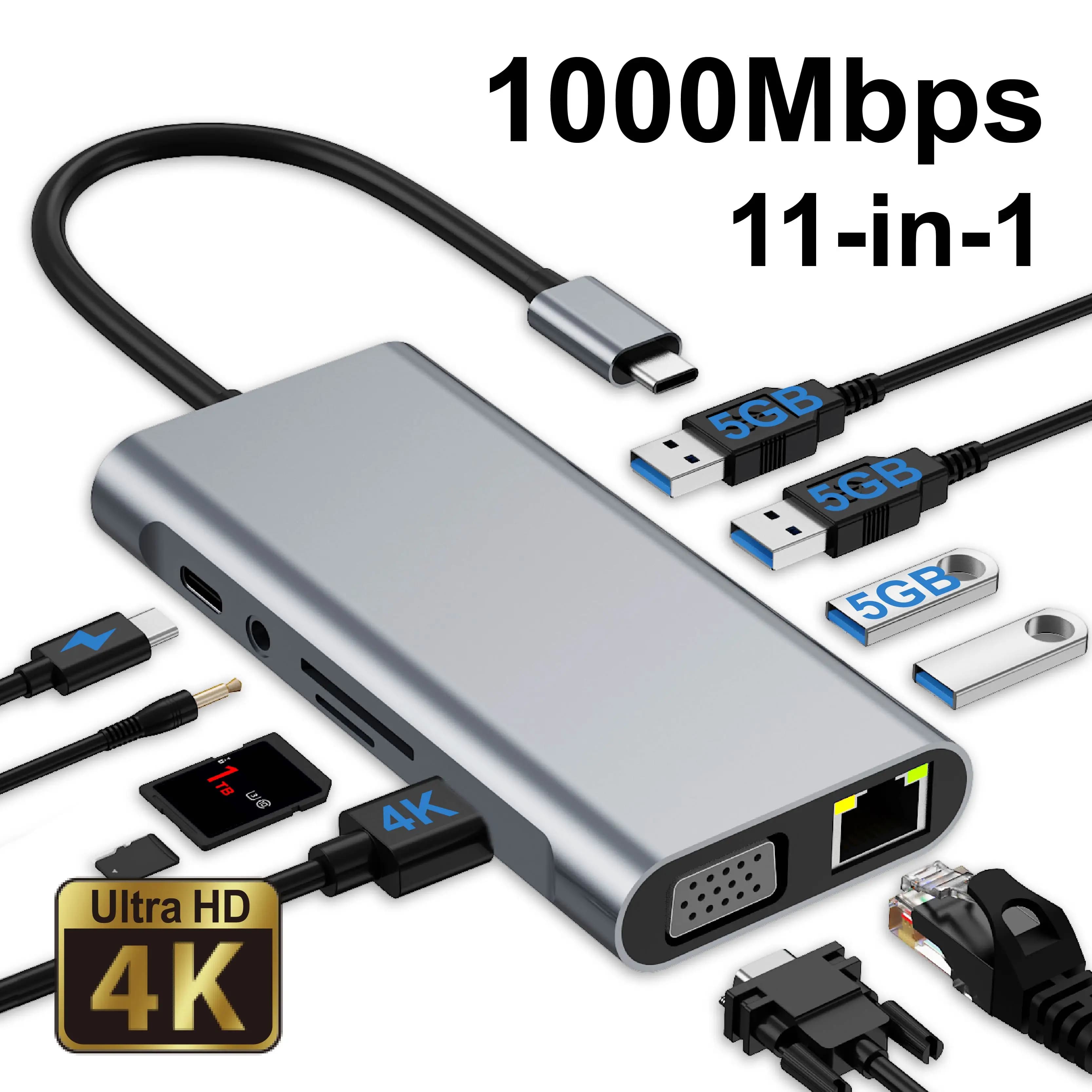 HUB USB C, adattatore HDTV/VGA 11 in 1 con Gigabit Ethernet, USB3.0, SD/TF, audio, docking station per laptop MacBook
