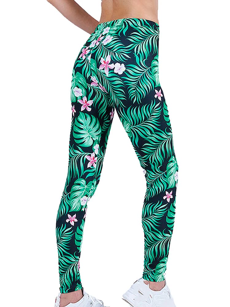 Leggings da donna con stampa foglie verdi, realizzati in misto poliestere e spandex, elastico in vita, in pile, abbigliamento autunnale e invernale