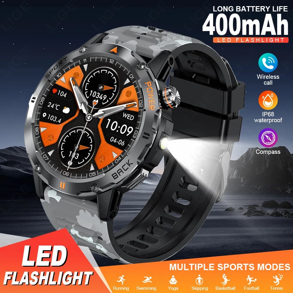 FOXBOX Smartwatch da Uomo, Orologio Sportivo con Bussola e Torcia, Batteria da 400mAh, Chiamate Bluetooth, Impermeabile per Esterni, Smartwatch Resistente