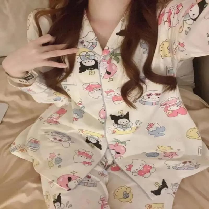 Sanrio Cute Style Pajamas Hello Kitty Pajamas Print Female Spring Autumn Long Sleeves Trousers Leisure Loose Home Clothing Hot