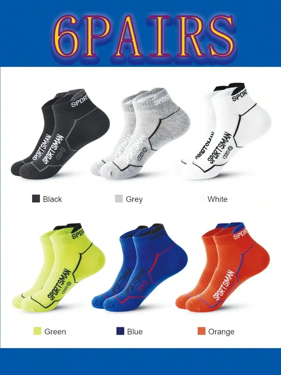 6 Colors, 6 Pairs Of Men's Ankle Sports Socks, Running Socks, Cotton Low Cut, Breathable, Shock-Absorbing, Arch Support, Casual Socks