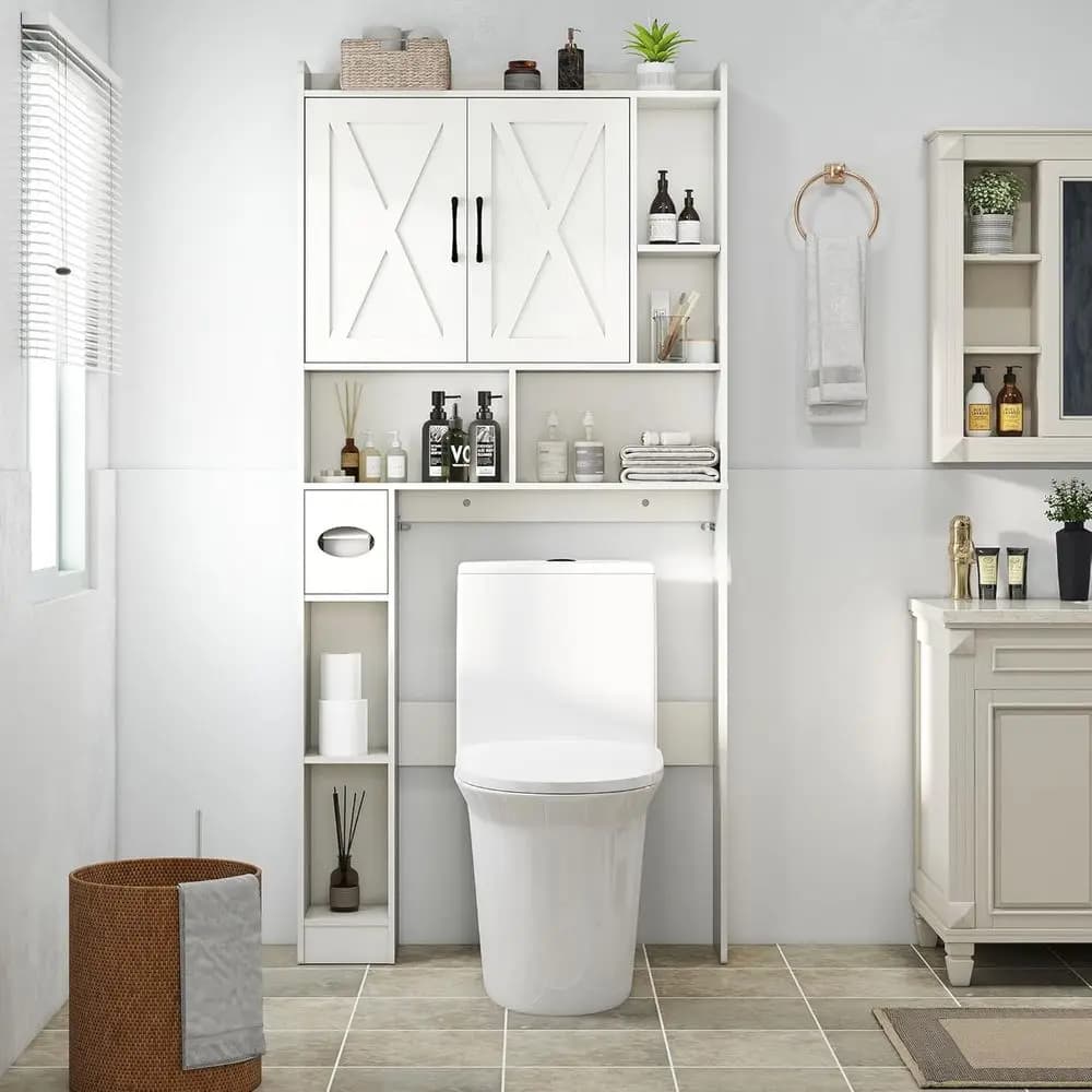Mobiletto Salvaspazio per Bagno da 32 Pollici con Portarotolo e Ripiani Aperti, Bianco
